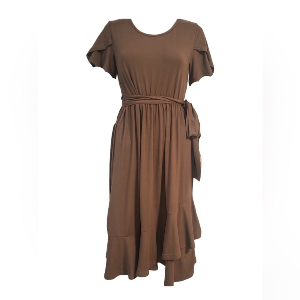 Levaca Ruffled Summer Small Brown Dress with Tie Waist